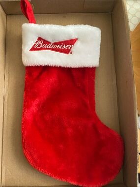 Budweiser Red and White Holiday Stocking with Logo get a pair for one price.